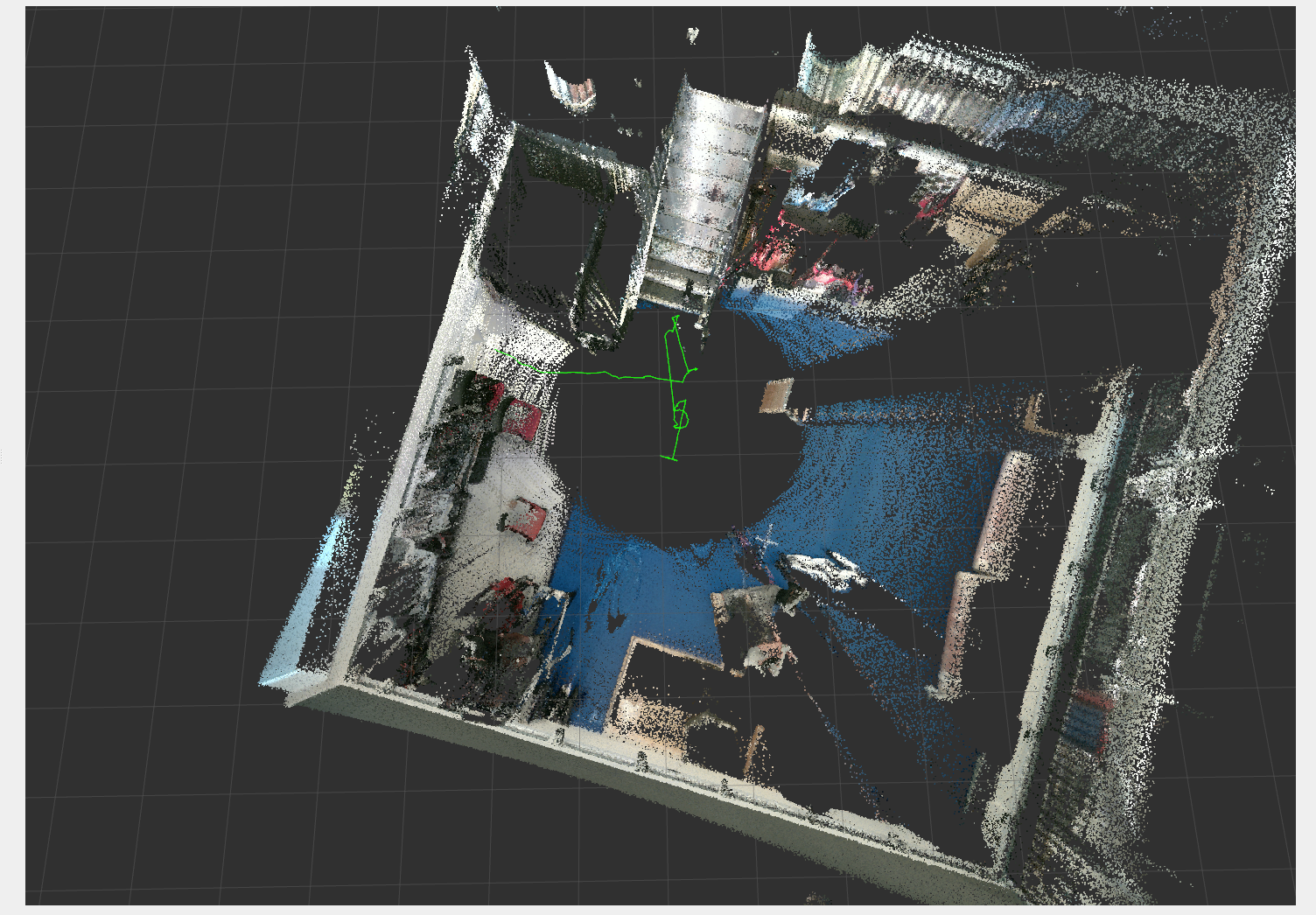 Top-down view of a camera-coloured 3D map of the pit arena, with the robot's trajectory drawn through the middle